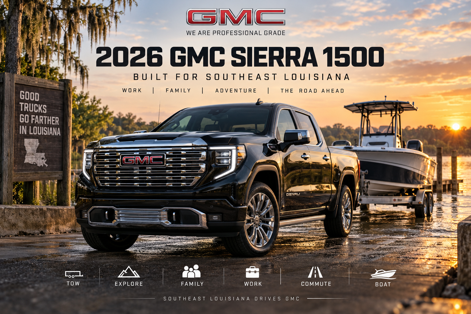 Compare the 2026 GMC Sierra 1500 engines, towing capability, trims, AT4, Denali, cab options and features for Southeast Louisiana truck buyers.